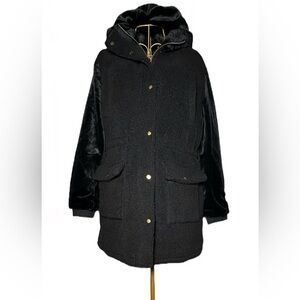 NEW Eden Society Sherpa Black Coat, Faux Fur Sleeves & Hood, Zipper, Pockets, M